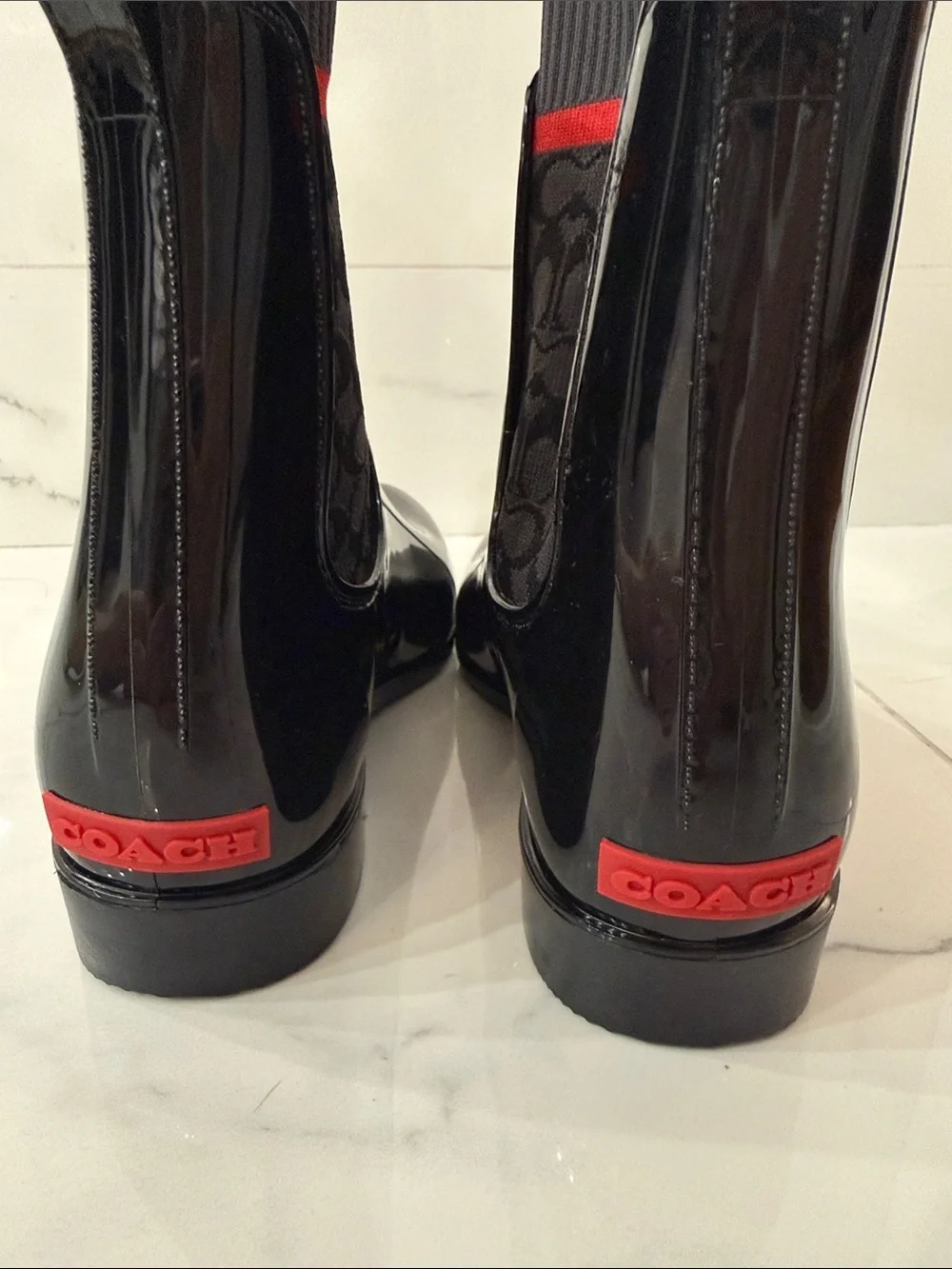 NWOT Coach Rivington Rubber Rain Boots Black Red Knit Logo Trim Size 7